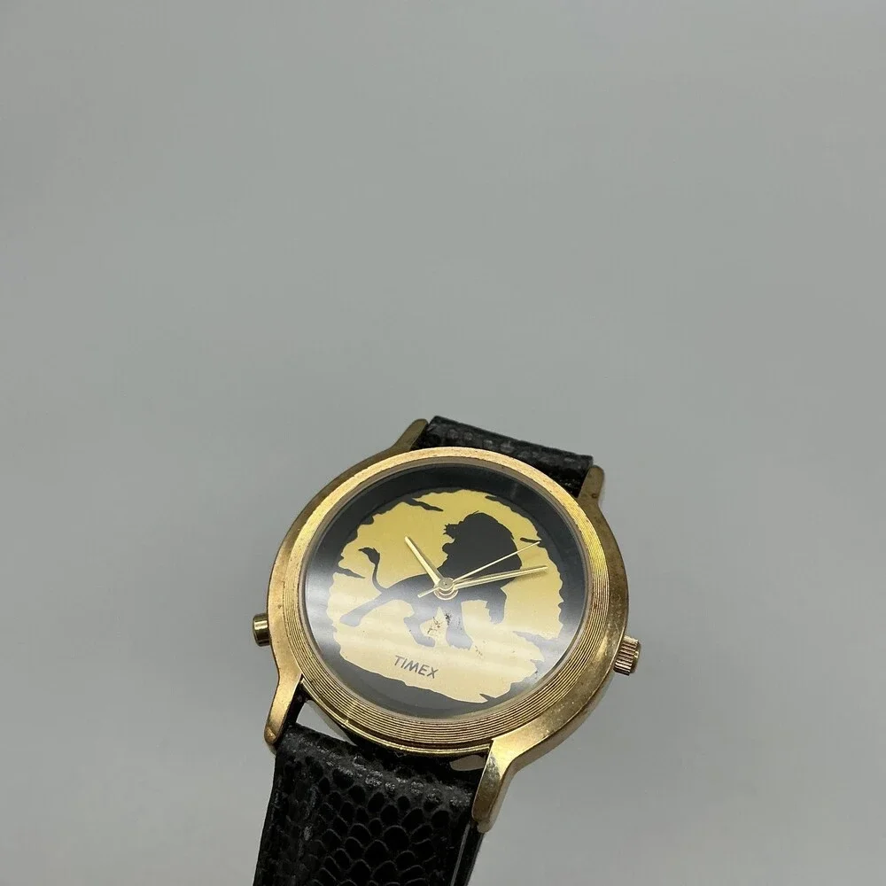 Vintage Timex The Lion King Mens Watch 34mm Yellow Dial Leather New Battery